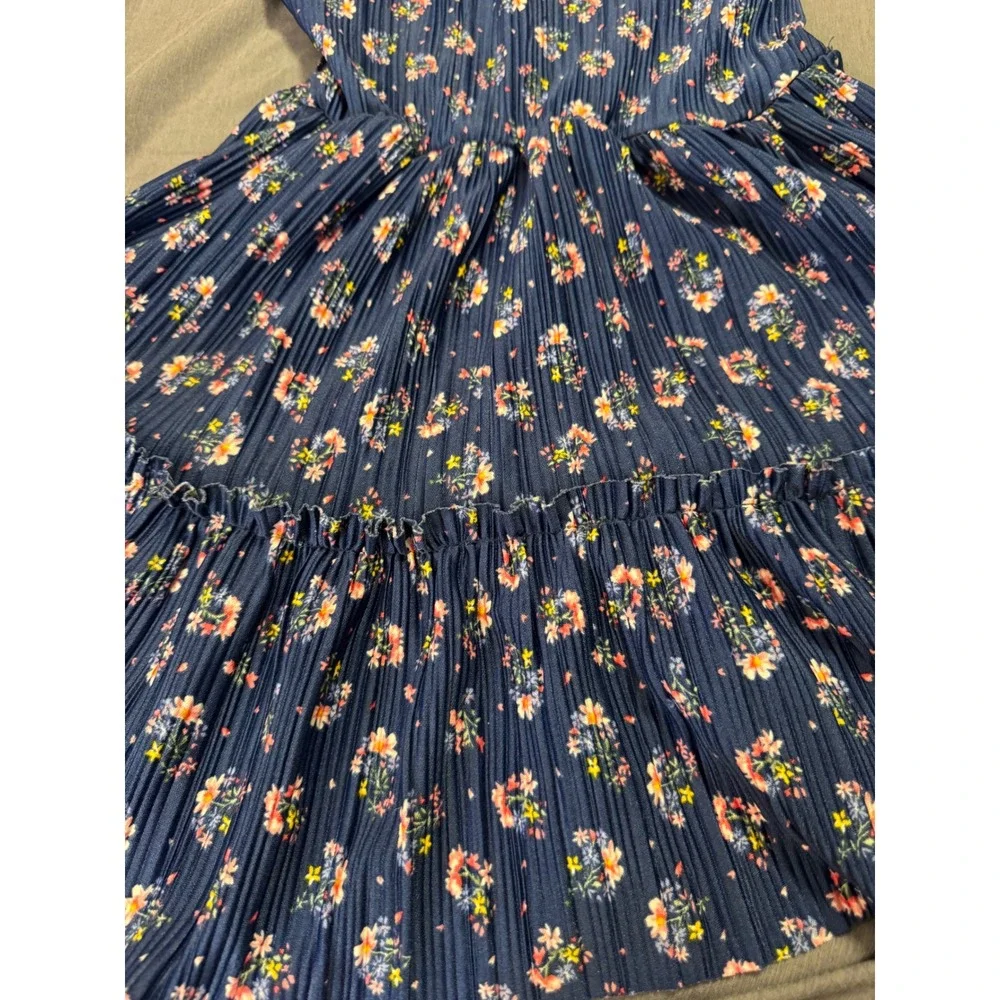 Navy Blue Floral Plissé Pleated Tiered Dress Short Puff Sleeve 4T